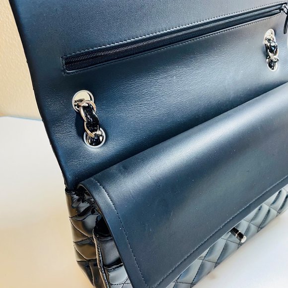 Chanel Jumbo Black Patent Leather Double Flap Silver Hardware Shoulder Bag - Picture 6 of 7